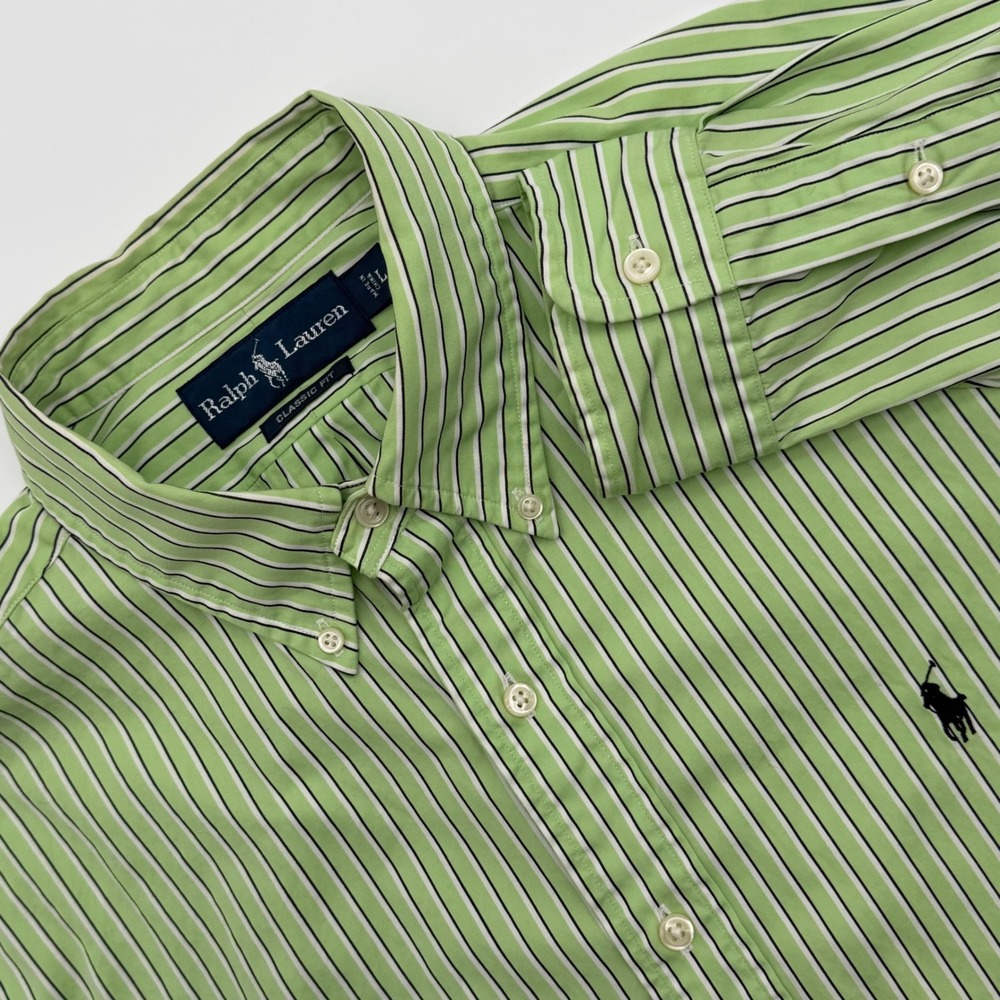 Ralph Lauren Classic Fit Mens Large Green White Striped Cotton Button Down Shirt